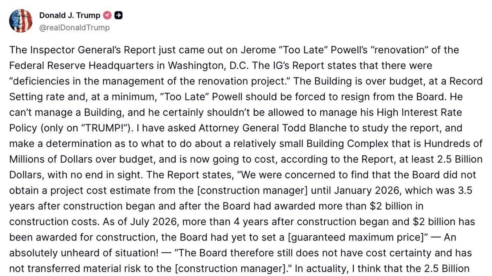 Trump exige le départ immédiat de Jerome Powell de la Fed sous peine de poursuites judiciaires