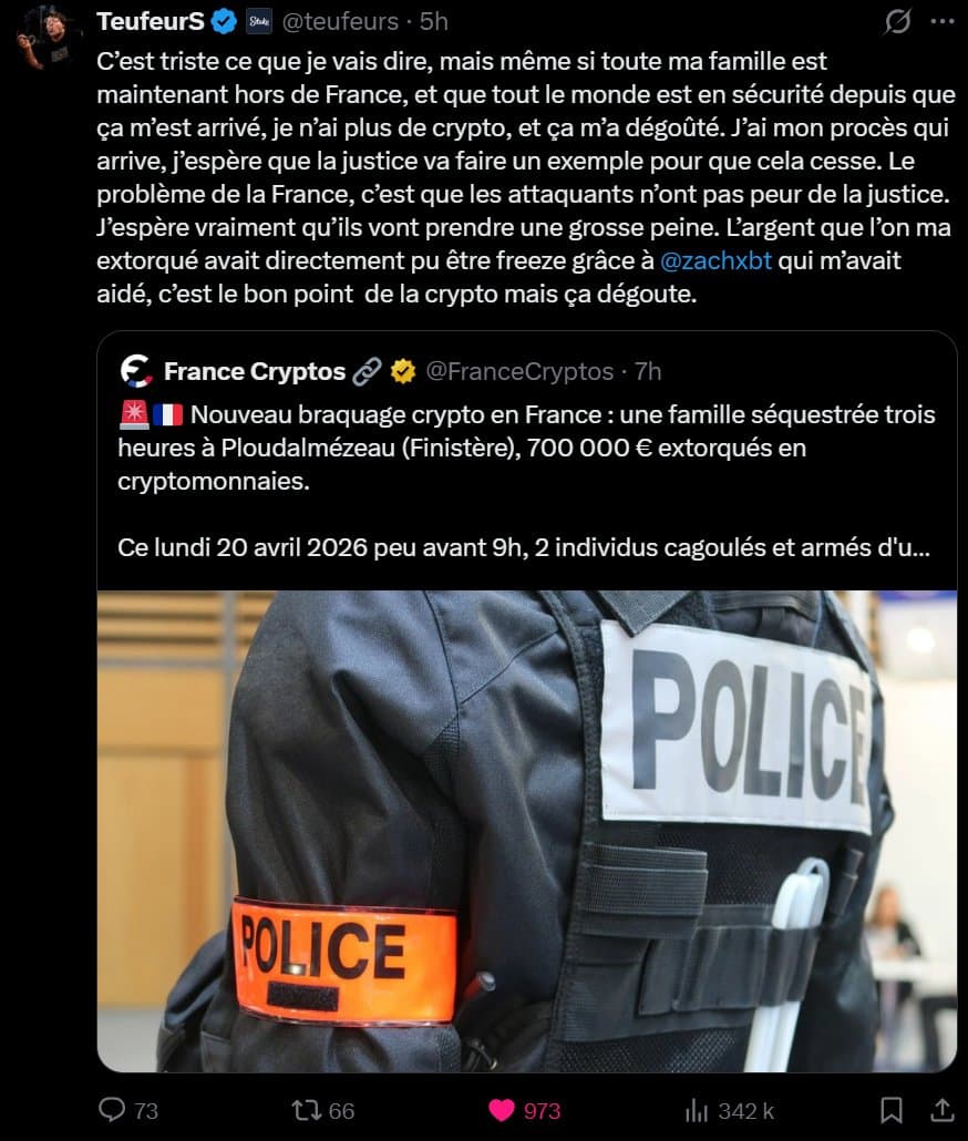 ZachXBT a fait geler 800 000 $ après l'enlèvement du père d'un streamer français