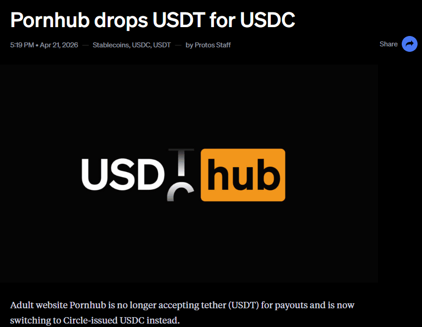 Pornhub abandonne l'USDT pour l'USDC, la faute à MiCA