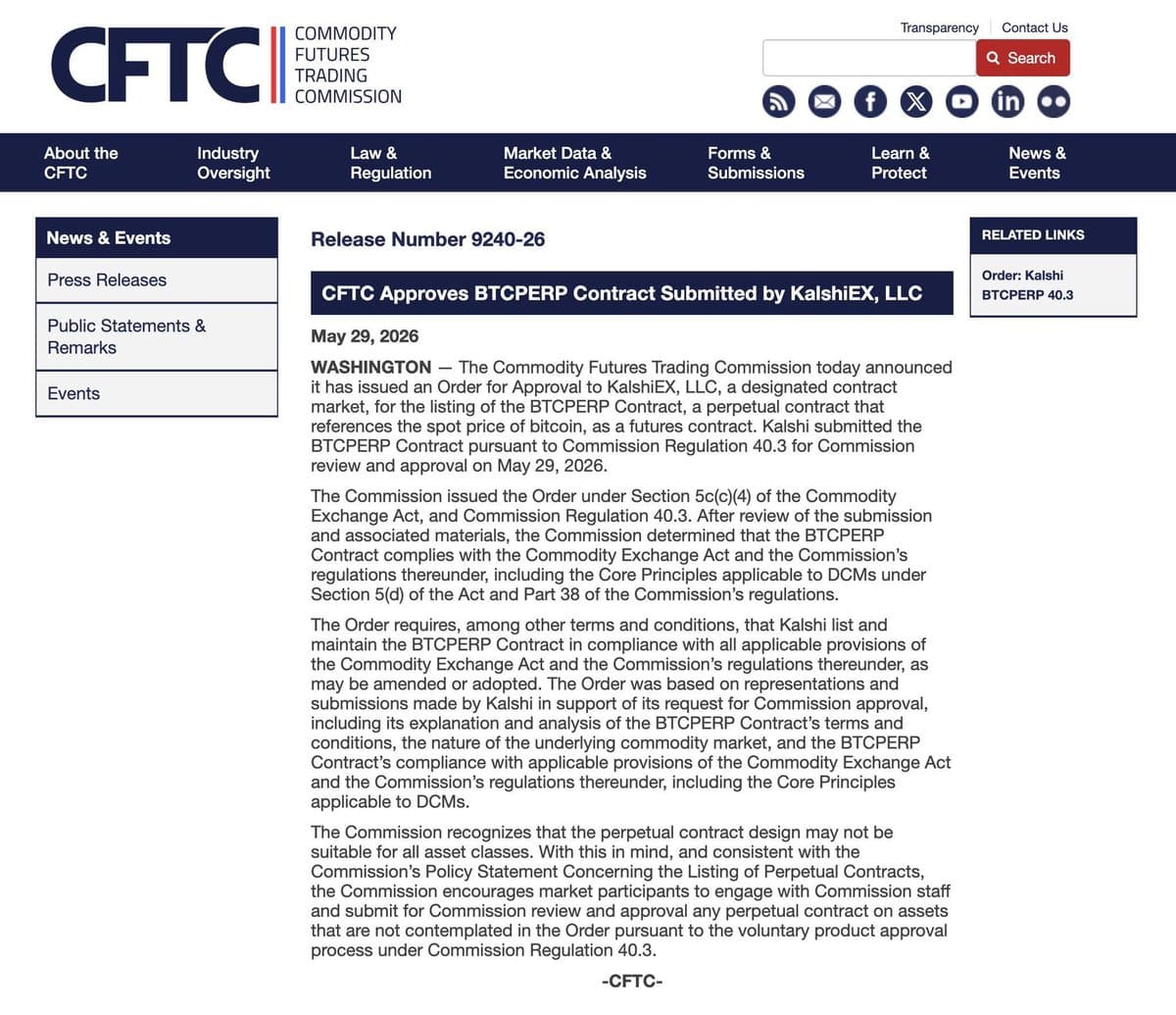 La CFTC autorise le premier contrat perpétuel Bitcoin régulé aux États-Unis