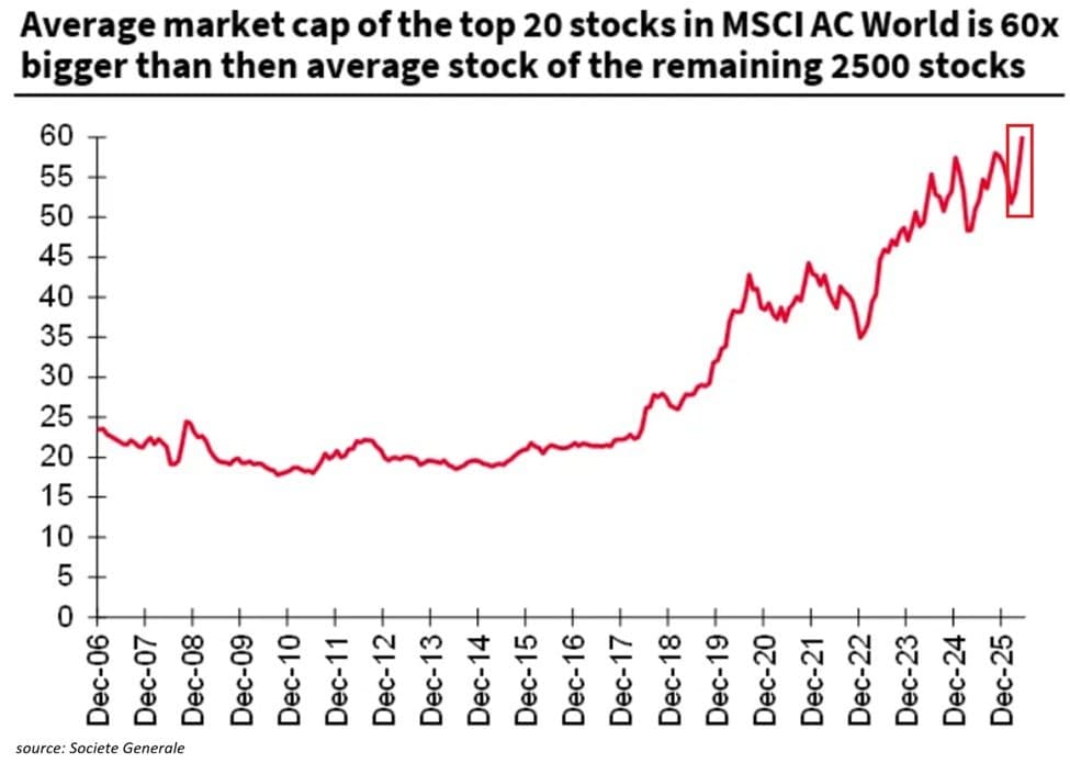 MSCI ACWI : les 20 géants pèsent 60 fois plus que 2 500 autres entreprises