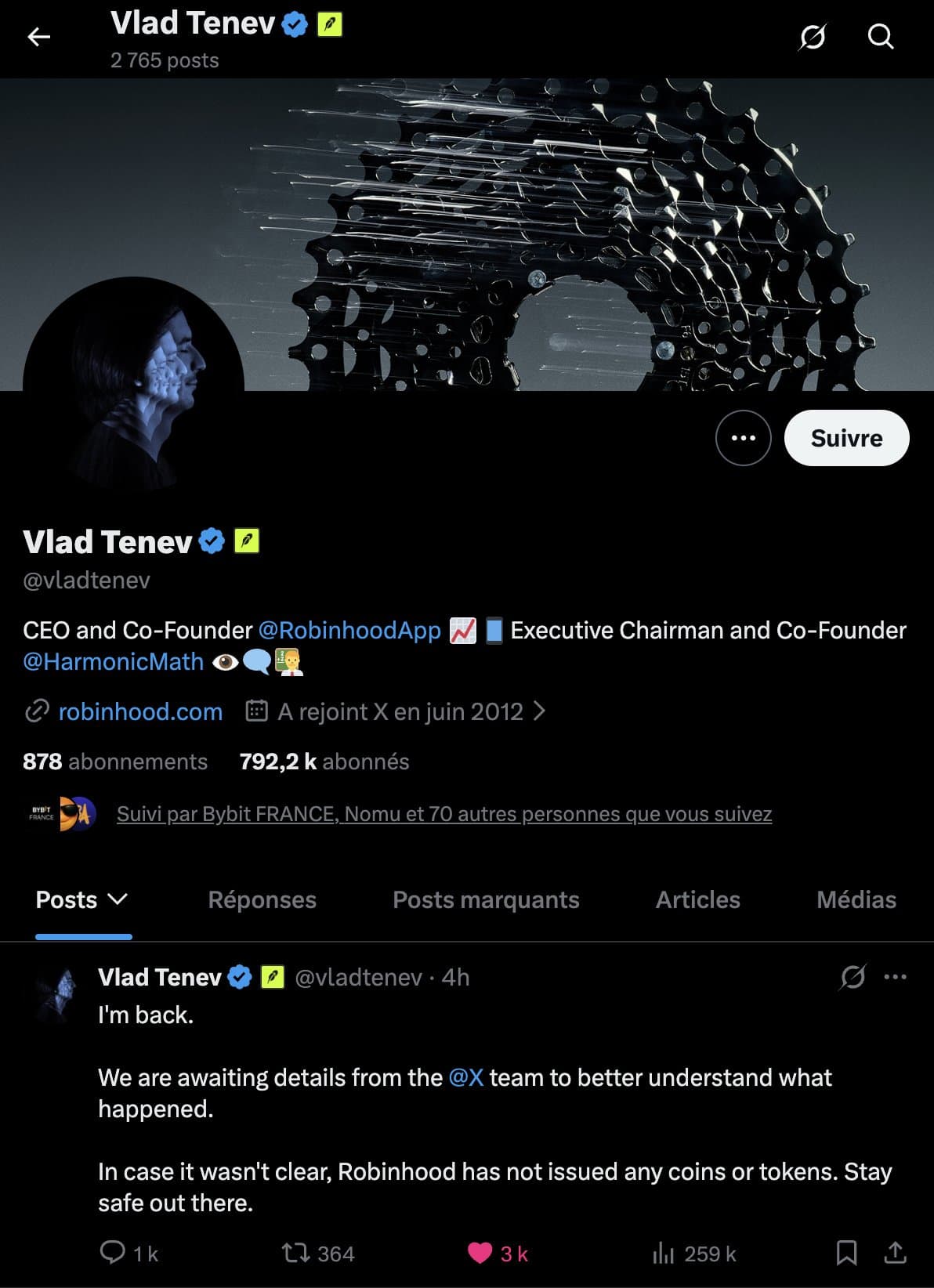Le compte X de Vlad Tenev (Robinhood) piraté pour promouvoir un faux memecoin VLAD : 22 millions de dollars de volume en quelques heures