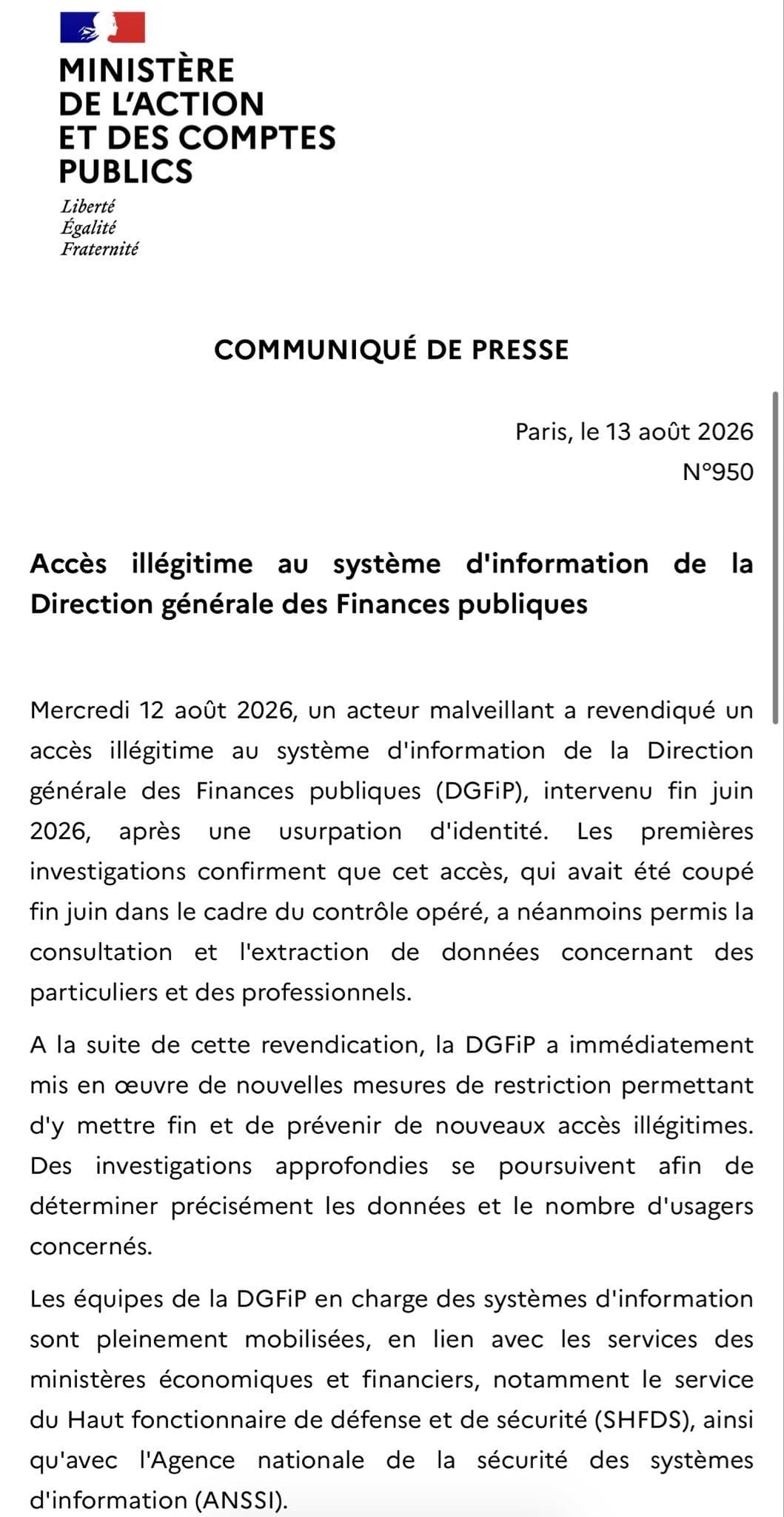 Cyberattaque contre la DGFiP : le ministère confirme un accès illégitime aux données fiscales des particuliers et des professionnels