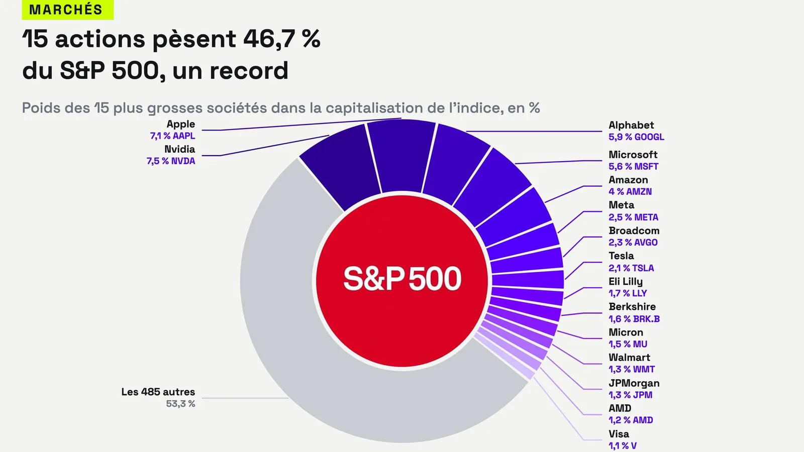 Concentration record au S&P 500 : 15 actions pèsent 46,7% de l'indice, contre 27,2% au pic de la bulle internet en 2000